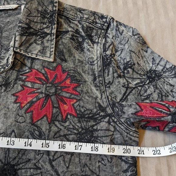 FRENCH LAUNDRY Black Wash Boho Denim Jacket Floral Embroidery - Picture 3 of 10